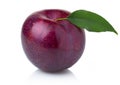 Ripe purple plum fruit with green leaves