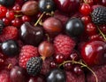 Ripe raspberries, blackcurrants, blackberries, cherries, red currants and red gooseberries. Mix berries and fruits. Top view. Royalty Free Stock Photo