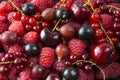 Ripe raspberries, blackcurrants, cherries, red currants and gooseberries. Mix berries and fruits. Top view. Background berries and Royalty Free Stock Photo