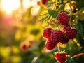 Ripe raspberries on a bush at sunset