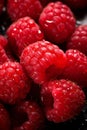 Ripe raspberries glistening with tiny droplets of water. The vibrant red hues and the crystal-clear water droplets create a