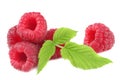 Ripe raspberries with green leaf isolated on white background macro Royalty Free Stock Photo