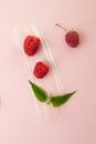 Ripe raspberries, green mint leaves and a smear of sour cream on