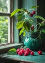 Ripe raspberries and old ceramic vase with wild strawberries on the window Royalty Free Stock Photo