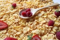 Ripe raspberries and strawberries on a wooden spoon against a background of corn flakes-the concept of a quick morning Breakfast Royalty Free Stock Photo