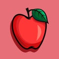Ripe red apple on branch with green leaf. flat illustration on pink Royalty Free Stock Photo