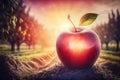 Ripe red apple close-up with sun rays and apple orchard in the background Royalty Free Stock Photo