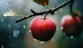 Ripe red apple fruit on tree branch in organic orchard in rain Royalty Free Stock Photo