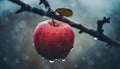 Ripe red apple fruit on tree branch in organic orchard in rain Royalty Free Stock Photo