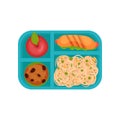 Red apple, hot dog, cupcake and spaghetti with green peas in lunch box, top view. Tasty food. Flat vector icon Royalty Free Stock Photo