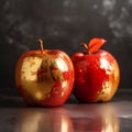 Ripe red apples with golden paint on the dark background. Selective focus. Royalty Free Stock Photo