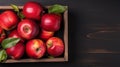 Ripe red apples in wooden box. Top view with space for your text. Generative AI Royalty Free Stock Photo