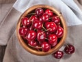 Ripe red cherries in a bowl on a table Royalty Free Stock Photo