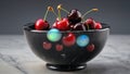 Ripe red cherries overflow a bowl and gleam in a glass