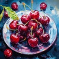 Ripe red cherries in a plate on a blue background. Square printable digital oil painting, still life, impasto. Generative AI Royalty Free Stock Photo