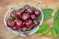 Ripe red cherries in a transparent bowl closeup Royalty Free Stock Photo