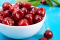 Ripe red cherry berries in a white ceramic bowl Royalty Free Stock Photo