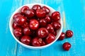 Ripe red cherry berries in a white ceramic bowl Royalty Free Stock Photo