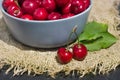 ripe red cherry berries in a round blue bowl on a dark background and mat Royalty Free Stock Photo