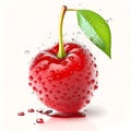 Ripe red cherry with grean leaves on white background, generative AI