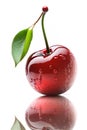 Ripe red cherry with grean leaves on white background, generative AI