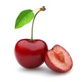 Ripe red cherry with juicy half cherry and leaf on white background Royalty Free Stock Photo