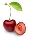 Ripe red cherry with juicy half cherry and leaf on white background Royalty Free Stock Photo