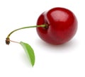Ripe red cherry with stalk and leaf on white background Royalty Free Stock Photo
