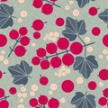 Ripe red currant seamless pattern. Red currant with leaves and flowers on shabby background.