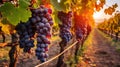 Ripe grapes in vineyard at sunset, Tuscany, Italy.