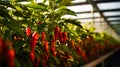 ripe red hot pepper growing on a bush in a greenhouse. Organic agriculture concept. Generative AI Royalty Free Stock Photo