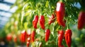 ripe red hot pepper growing on a bush in a greenhouse. Organic agriculture concept. Generative AI Royalty Free Stock Photo