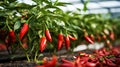 ripe red hot pepper growing on a bush in a greenhouse. Organic agriculture concept. Generative AI Royalty Free Stock Photo