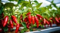 ripe red hot pepper growing on a bush in a greenhouse. Organic agriculture concept. Generative AI Royalty Free Stock Photo