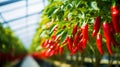ripe red hot pepper growing on a bush in a greenhouse. Organic agriculture concept. Generative AI Royalty Free Stock Photo
