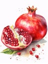 Ripe Red Pomegranate with Leaves Isolated on White Background. Watercolour illustration. Generative AI.