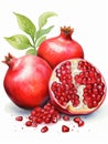 Ripe Red Pomegranate with Leaves Isolated on White Background. Watercolour illustration. Generative AI.