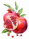 Ripe Red Pomegranate with Leaves Isolated on White Background. Watercolour illustration. Generative AI.