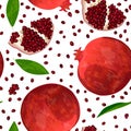 Ripe red pomegranate, seeds and slices isolated on white. seamless pattern vector