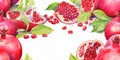 Ripe Red Pomegranates with Leaves Isolated on White Background. Watercolour illustration. Generative AI. Royalty Free Stock Photo