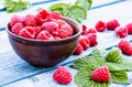 Ripe red raspberries on a bowl against the background of blue boards. Selective focus Royalty Free Stock Photo