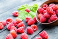 Ripe red raspberries on a bowl on the background of the old dark boards. Selective focus Royalty Free Stock Photo