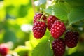 Ripe red raspberries on a branch in the garden, closeup of loganberry plant with ripe loganberries growing in organic garden, AI