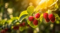 Ripe red raspberries hanging on branch in sunny garden with copy space for design or text Royalty Free Stock Photo