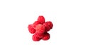 ripe red raspberry berries laid out in a slide isolated on white background, top view