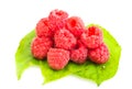 Ripe red raspberry on green laeves