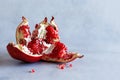 Ripe red split pomegranate on a grey background. Pomegranate seeds