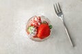 Ripe red strawberries in glass jar on light background, top view Royalty Free Stock Photo