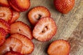 Ripe red strawberries lying on a wooden tray Royalty Free Stock Photo