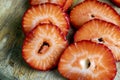 Ripe red strawberries lying on a wooden tray Royalty Free Stock Photo